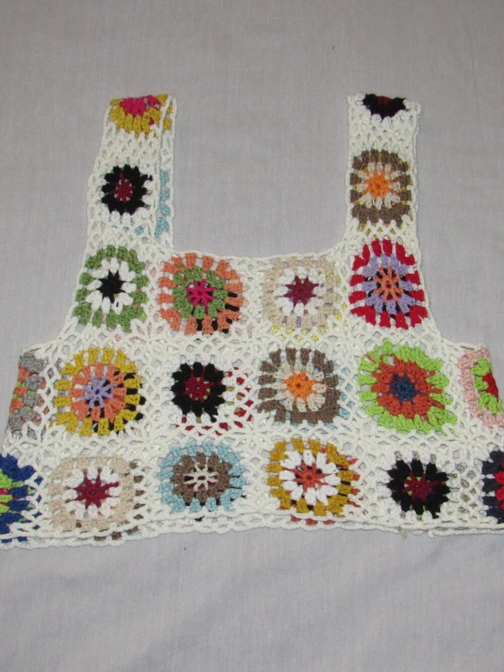 Granny Square Crochet Cropped Tank Top Colorful Festival Boho One Size Open Knit - Picture 2 of 4